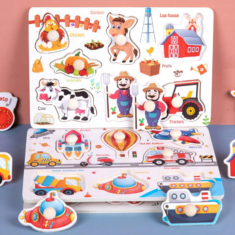 ﻿Montessori Wooden Hand Grab Boards Baby Educational Cartoon Vehicle Animals Fruits 3D Puzzles Kids Early Education Toys TMZ﻿