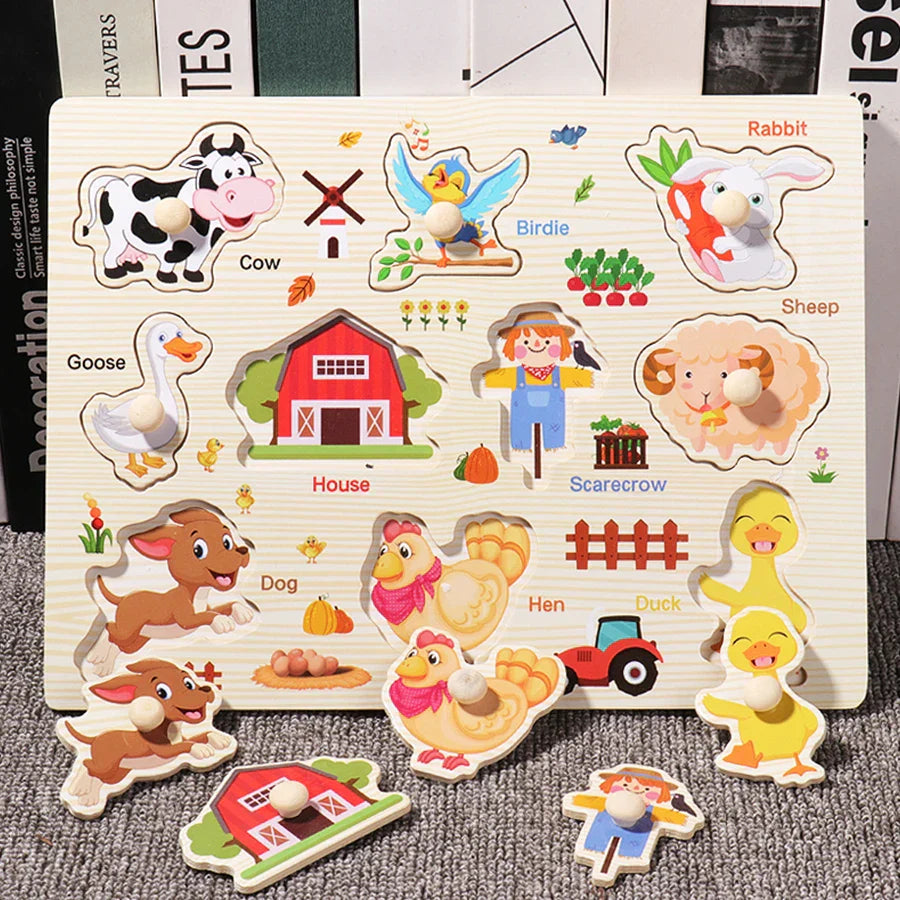 ﻿Montessori Wooden Hand Grab Boards Baby Educational Cartoon Vehicle Animals Fruits 3D Puzzles Kids Early Education Toys TMZ﻿
